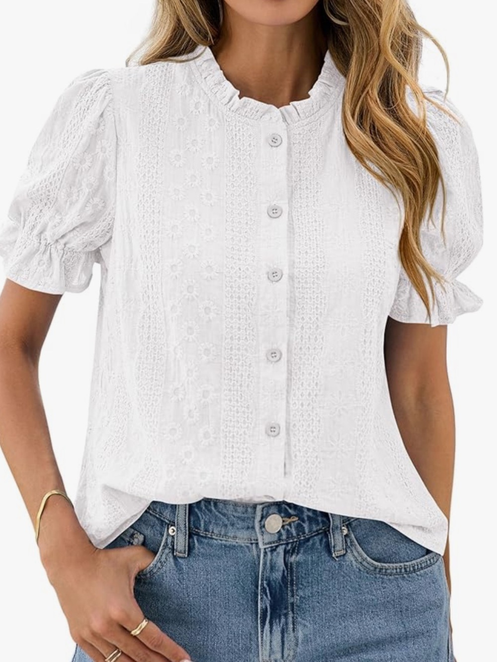 Embroidered Puff Short Sleeve Top Blouse Shirt Summer NWT Large White